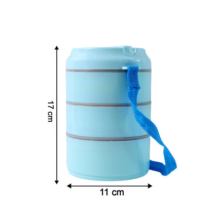 The light blue three-layer lunch box with a blue strap is shown with dimensions: 17 cm height and 11 cm width.