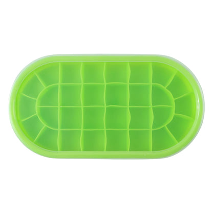 Top-down view of a green oval silicone ice cube tray with a clear lid, on a white background.