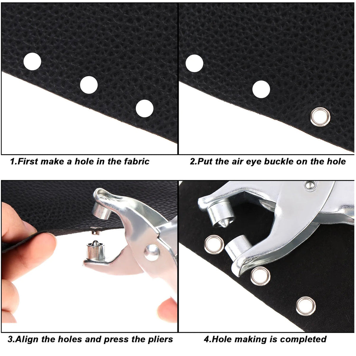 Four-step visual guide showing how to make a hole in fabric and attach an eyelet using the pliers.