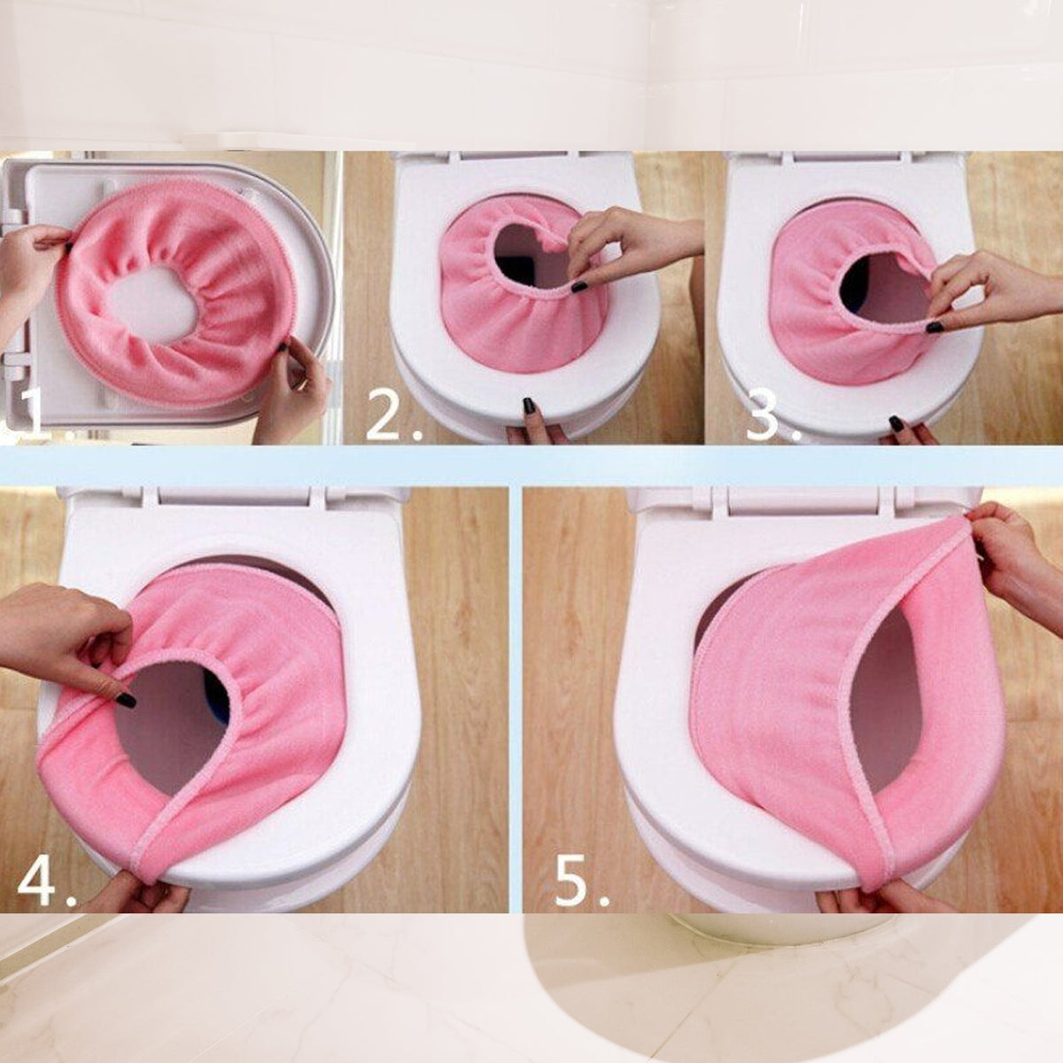 A five-panel image illustrating the detailed steps of placing a pink soft fabric toilet seat cover on a toilet.