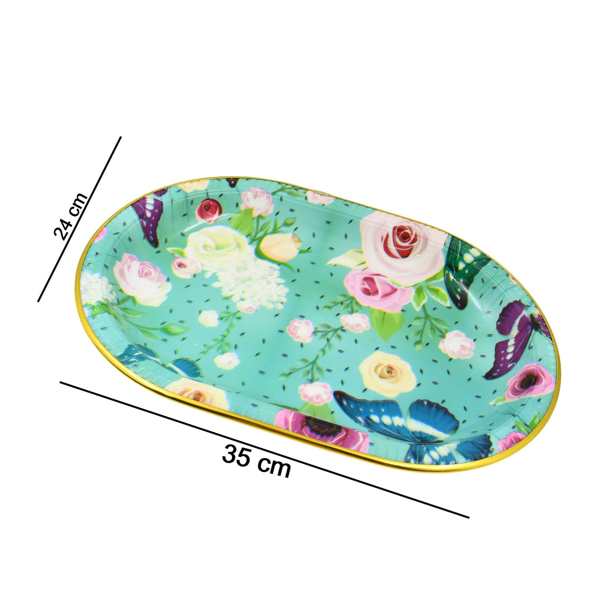The oval turquoise serving tray with floral and butterfly print, displaying dimensions of 35 cm by 24 cm.
