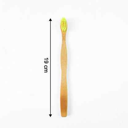 A bamboo toothbrush with yellow bristles is shown with a 19 cm measurement on a white background.