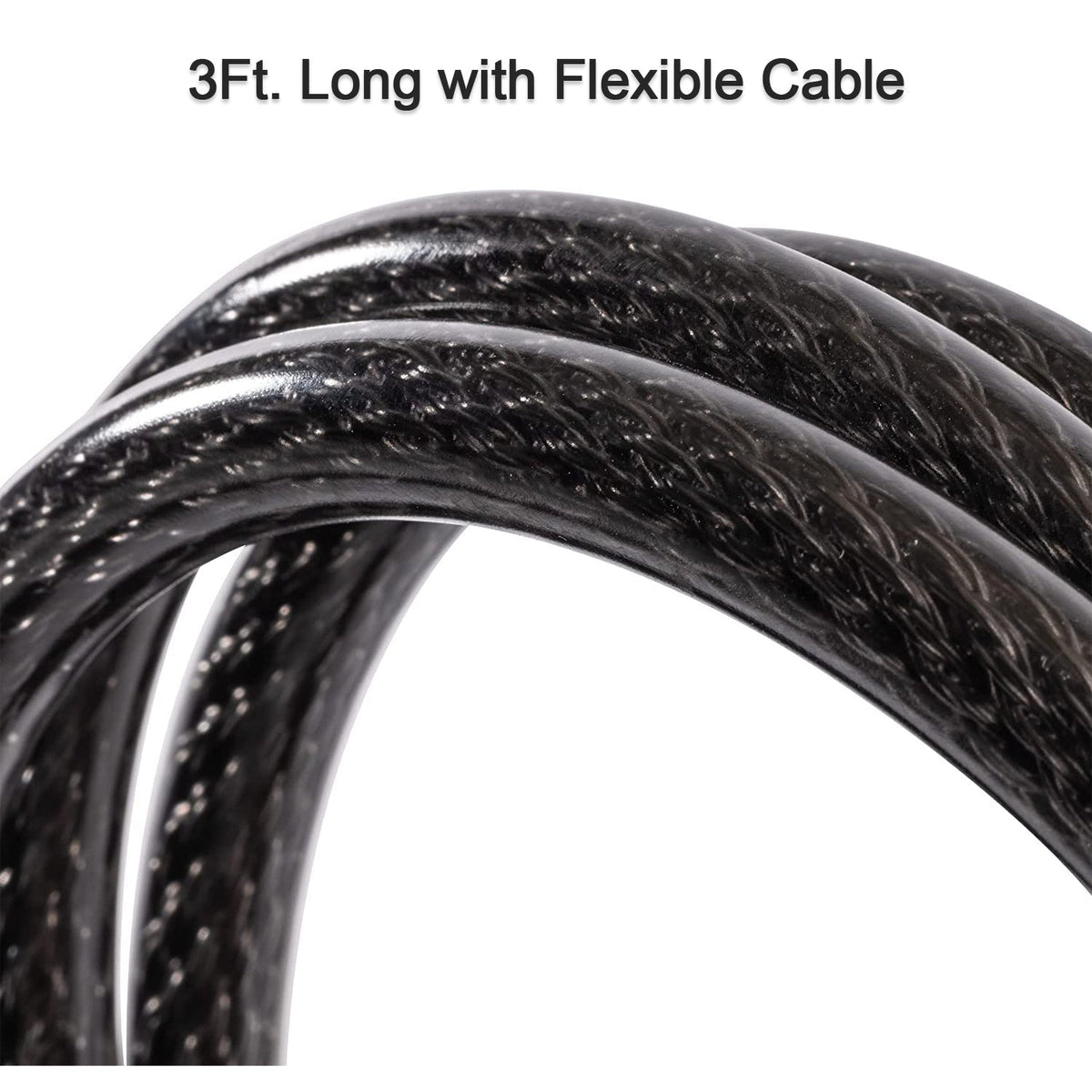 A close-up shows the textured, flexible black cable coiled against a white background.