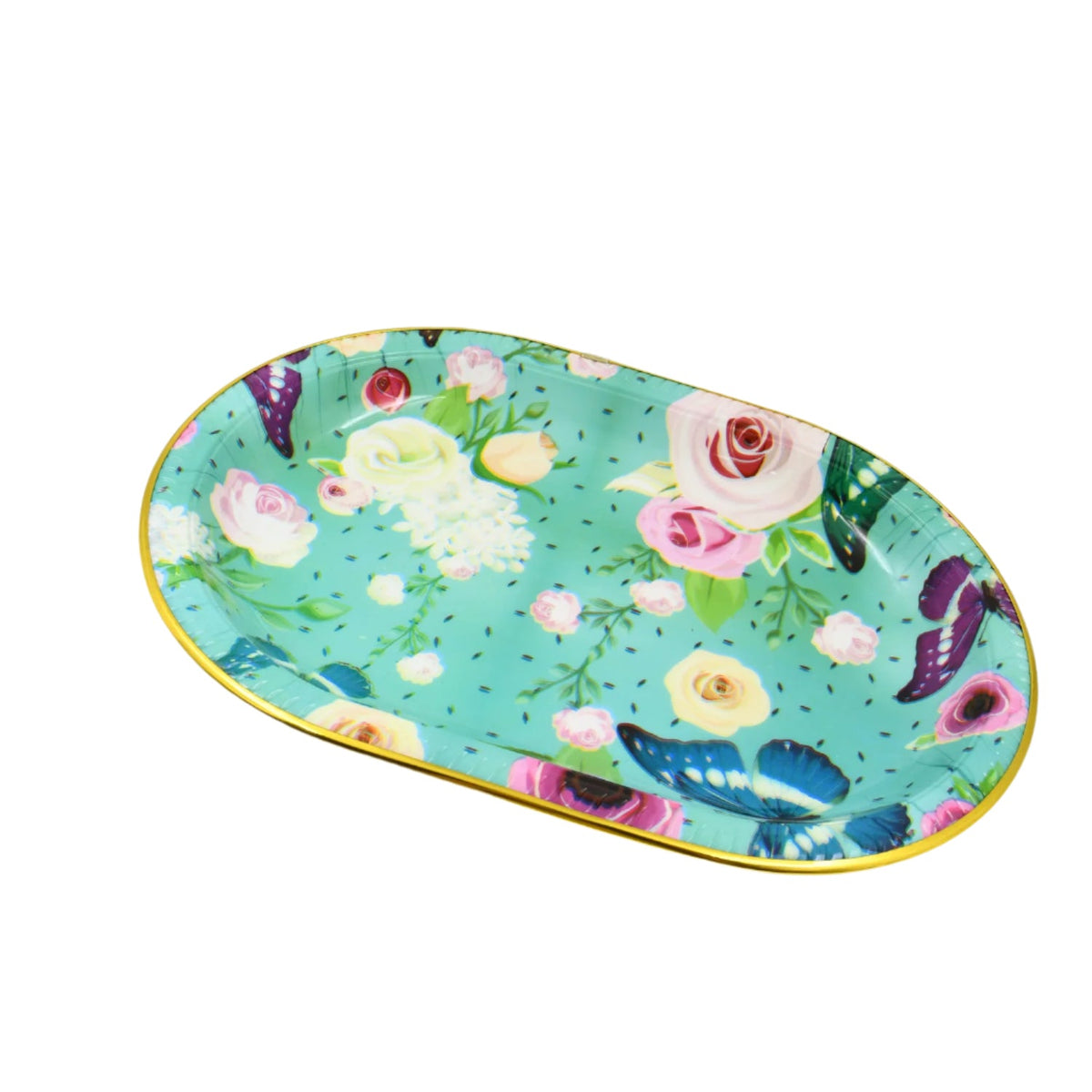 The oval turquoise serving tray with a floral and butterfly pattern is shown on a white background.