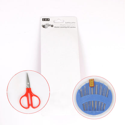 A white background with a blank sewing kit package, featuring circular insets of red scissors and a blue needle case.