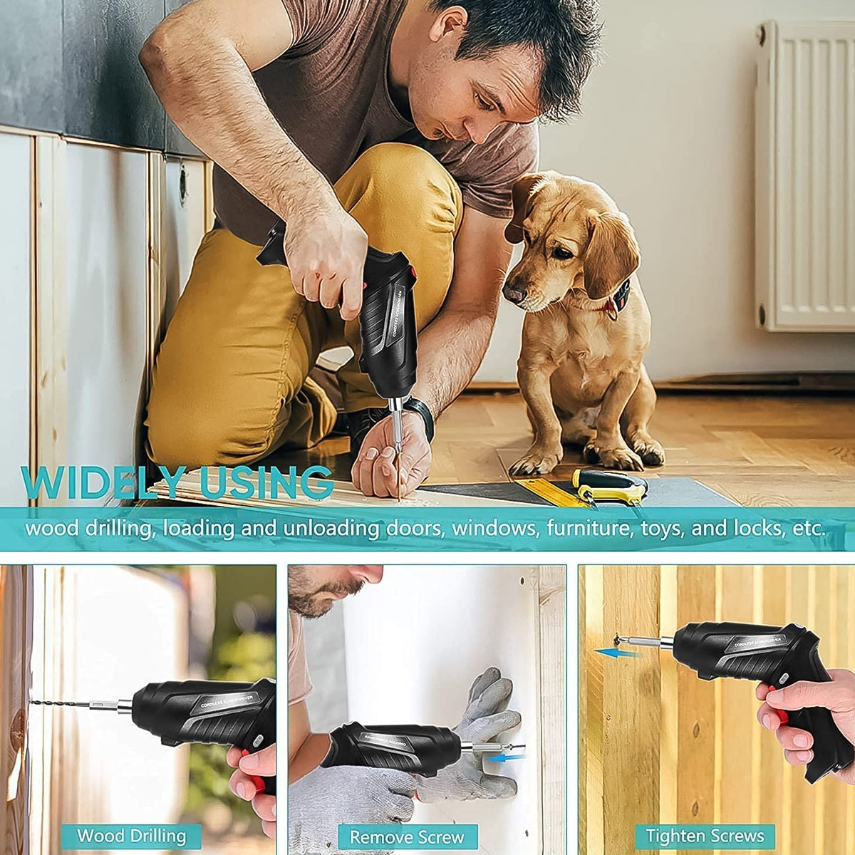 A person kneels with a small dog nearby, using a black electric screwdriver to work on a wooden surface.