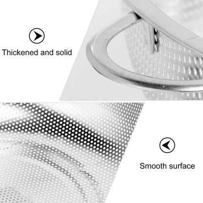 Close-up views of the stainless steel strainer bowl highlighting its thickened handle and smooth, perforated surface.