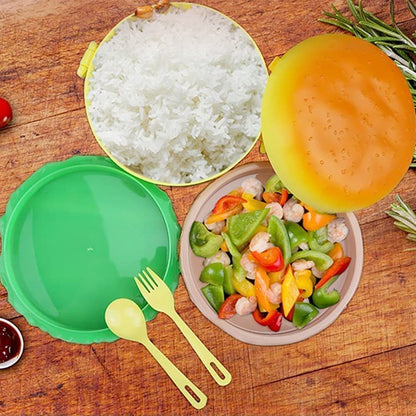 A vibrant burger shape lunch box filled with a balanced meal for kids.