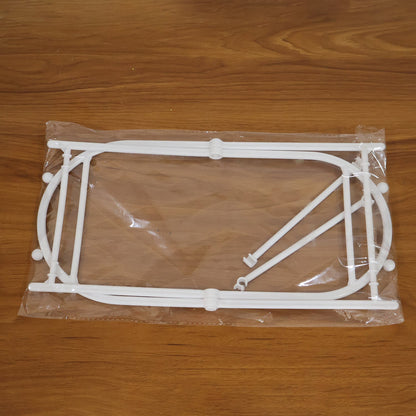White plastic garbage bag holder components, disassembled and sealed in a clear plastic bag.