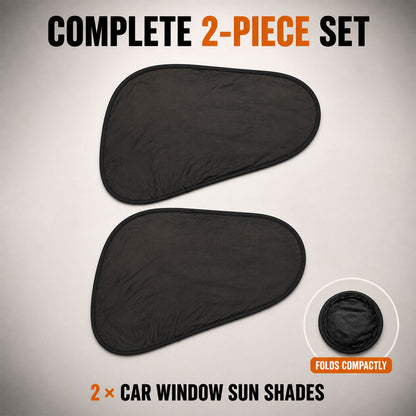 Two black car window sun shades displayed, with an inset showing one shade folded compactly.