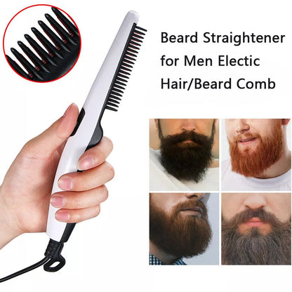 A hand holds the white and black electric comb, with an inset showing the comb's teeth and four images of men with beards.