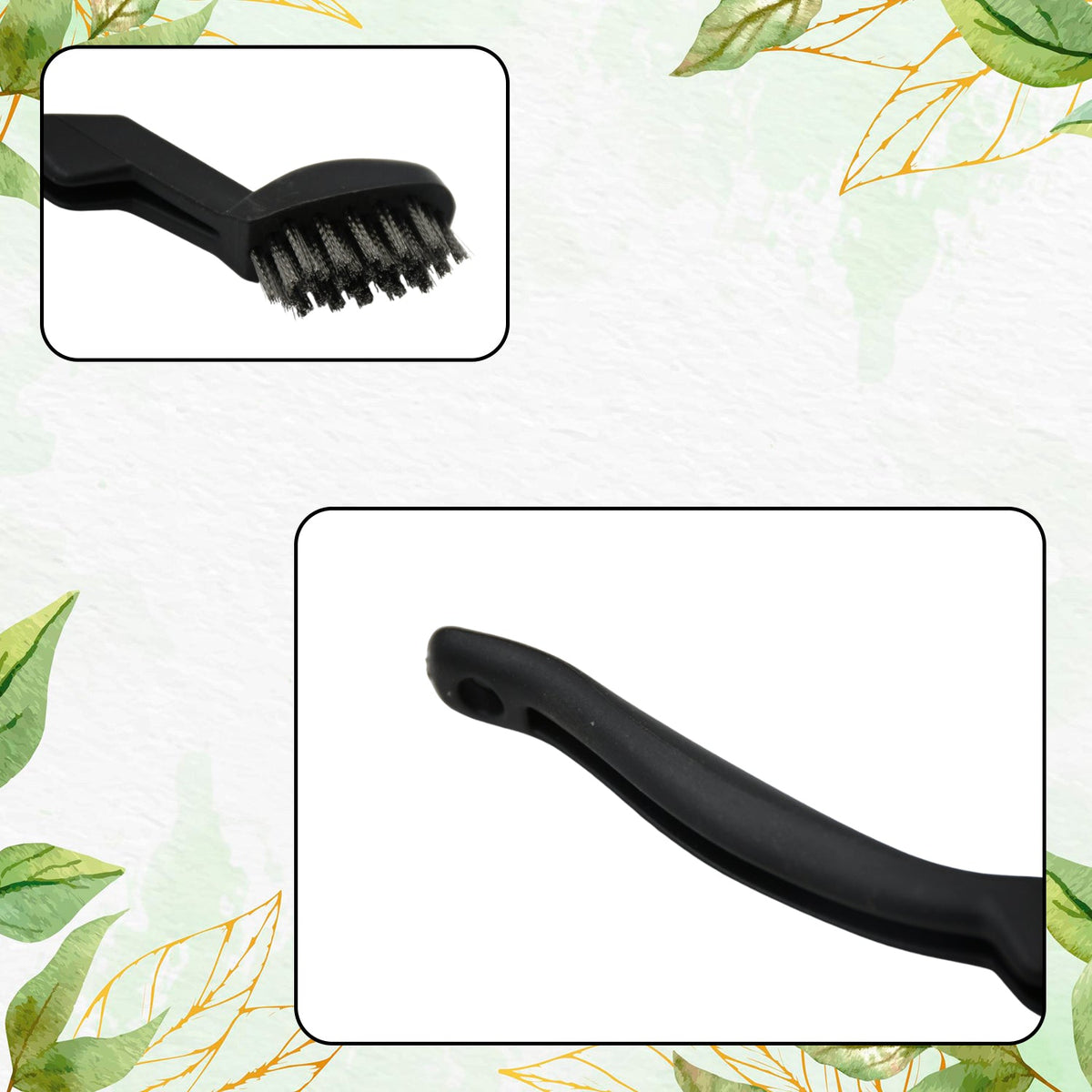 Close-up views of the black grill cleaning brush, highlighting its metal bristles and the ergonomic handle.