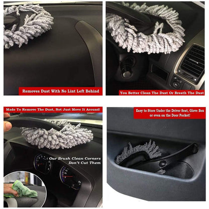 Four insets showing a gray microfiber duster cleaning a car dashboard and steering wheel, and being stored in a car door