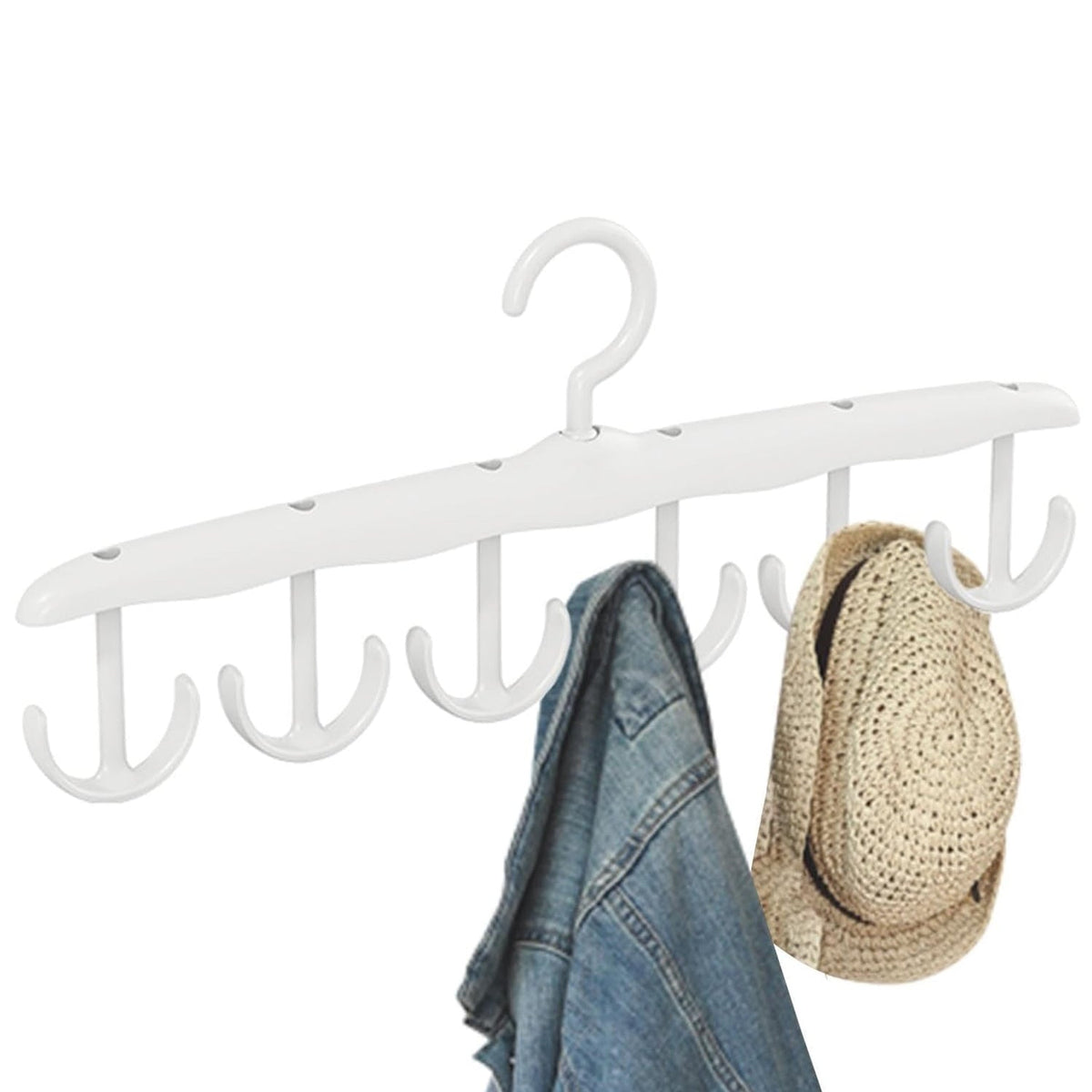 A white plastic multi-hook hanger with six rotating hooks, holding a denim jacket and a straw hat.