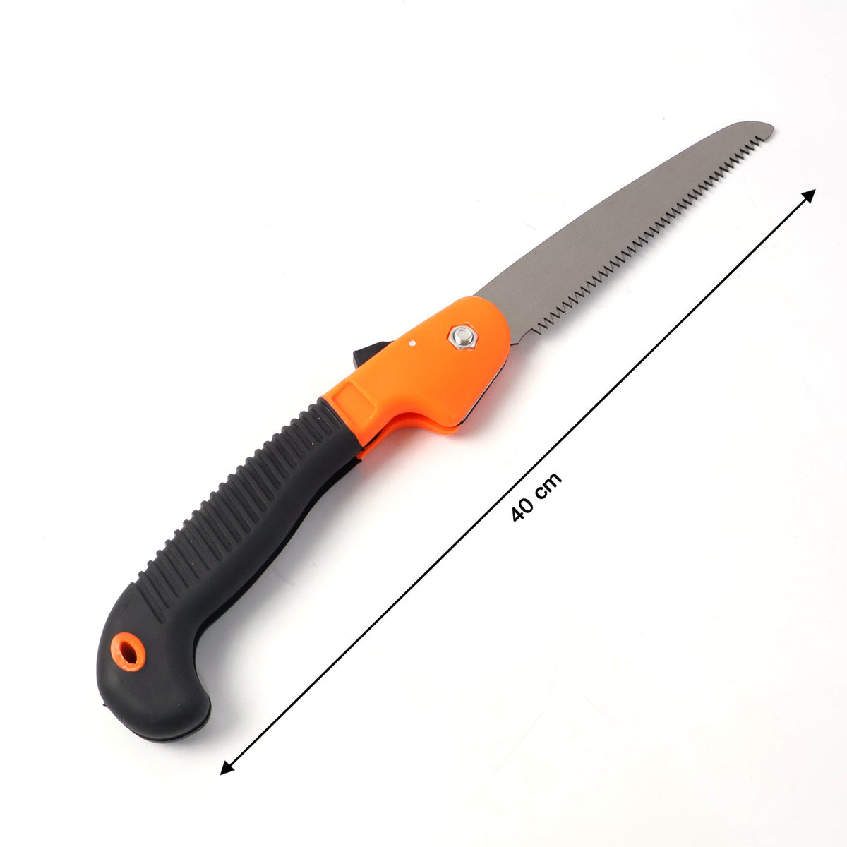 The orange and black folding hand saw with its metal blade extended is shown on a white background, with a 40 cm measurement