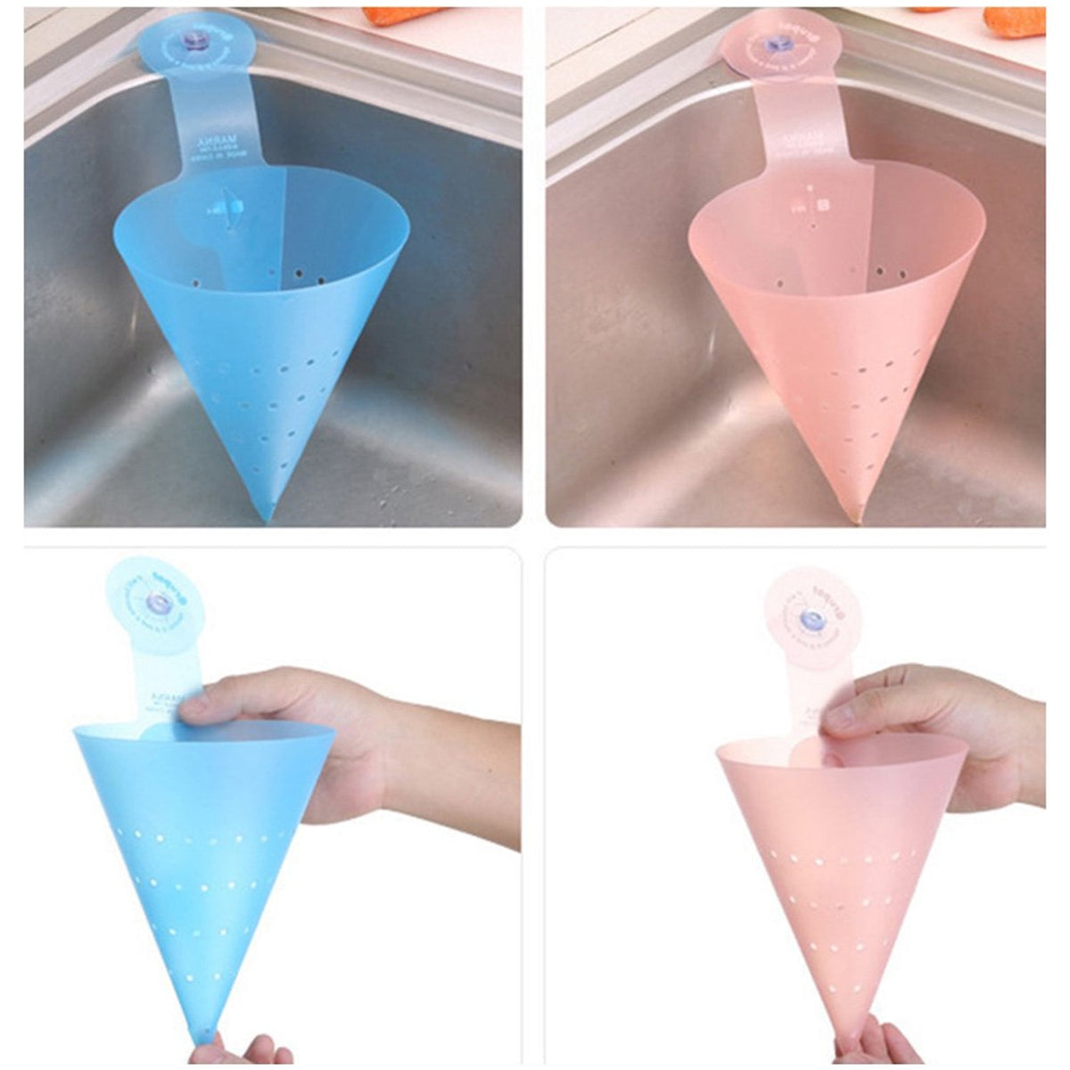 A four-panel image showing blue and pink silicone strainers in a sink and being held by hands.