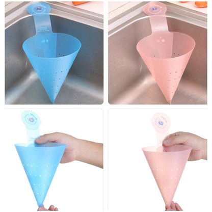 A four-panel image showing blue and pink silicone strainers in a sink and being held by hands.