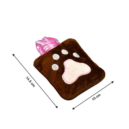 The brown paw print hot water bag is shown with dimensions of 14.5 cm by 10 cm on a white background.