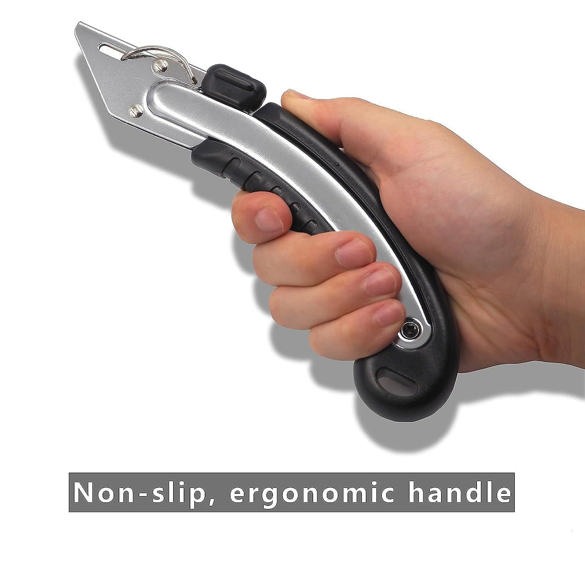 A hand holds the black and silver ergonomic handle of a folding saw, with text 'Non-slip, ergonomic handle'.