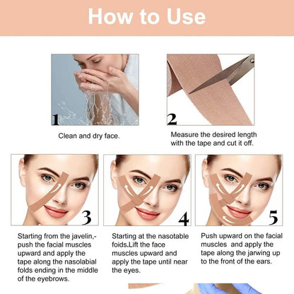 A five-step instructional guide on how to apply face lifting tape, including washing, cutting, and placement.