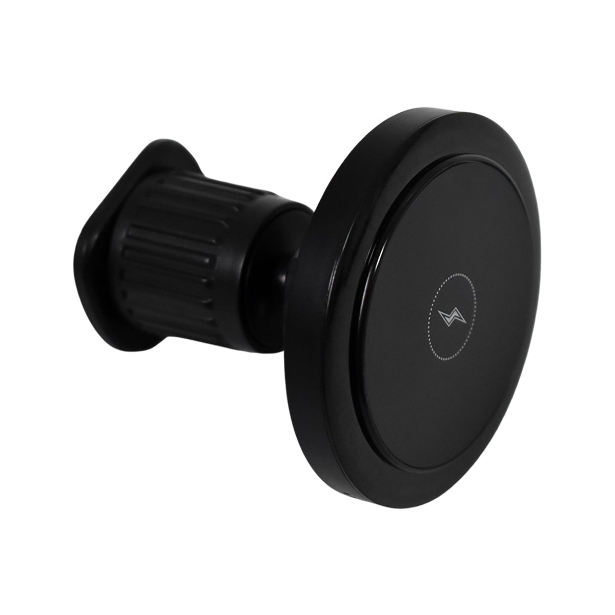 A black magnetic wireless car charger with a subtle lightning bolt symbol, shown from an angled side view on a white