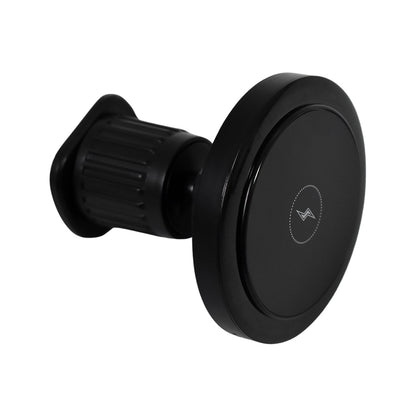 A black magnetic wireless car charger with a subtle lightning bolt symbol, shown from an angled side view on a white