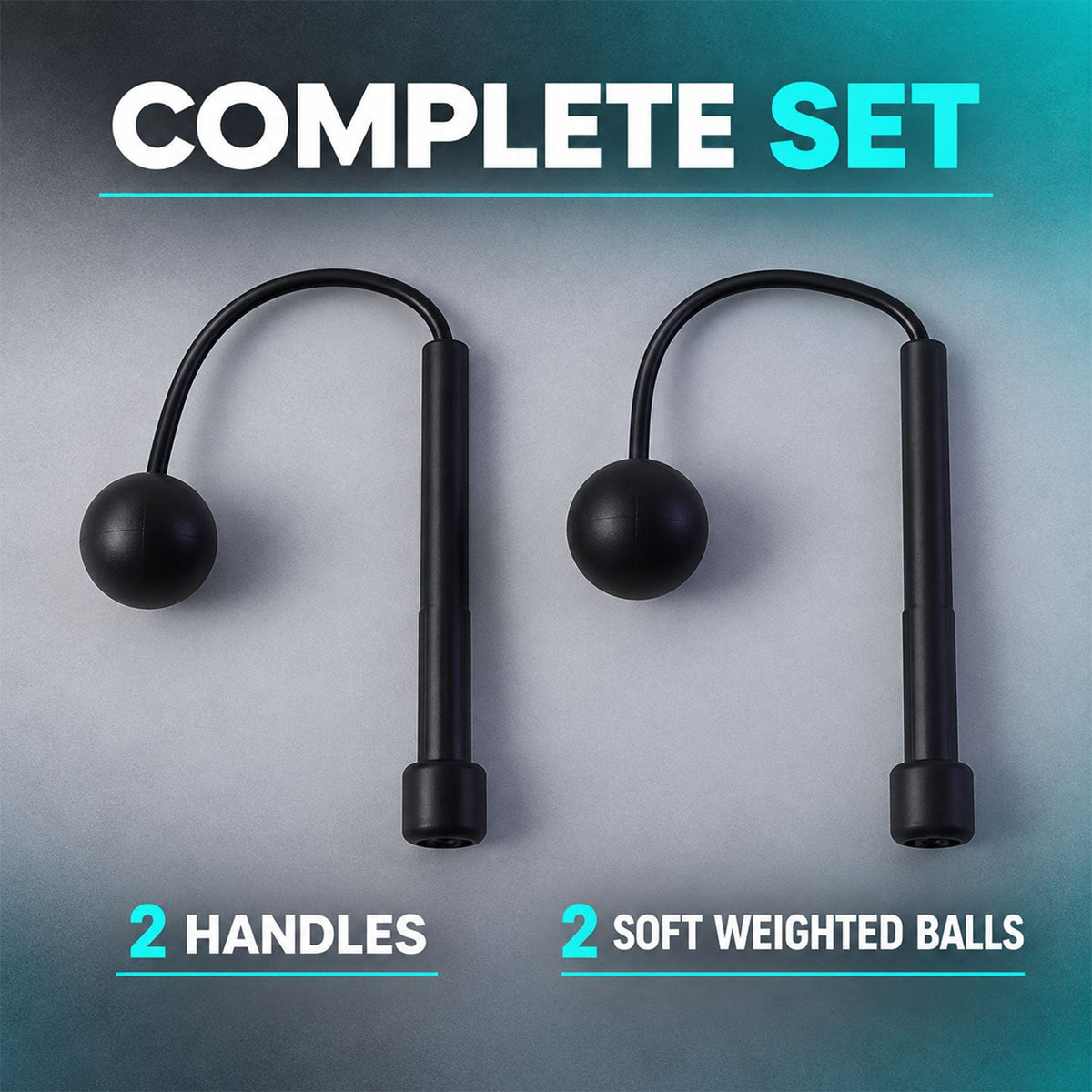 Two black cordless jump rope handles with weighted balls are shown against a gray background, labeled as a complete set.