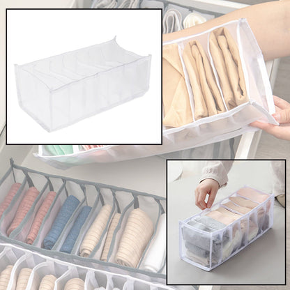 A collage of three images showing the white mesh organizer: empty, being filled with clothes, and in use within a drawer.