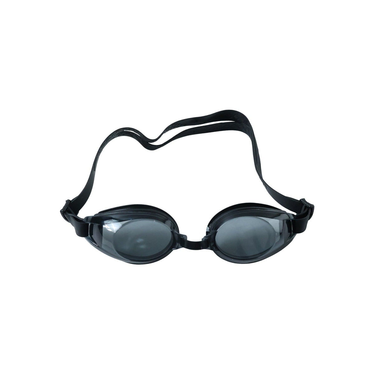 Black swimming goggles with clear lenses and an adjustable strap are displayed on a white background.