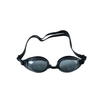 Black swimming goggles with clear lenses and an adjustable strap are displayed on a white background.
