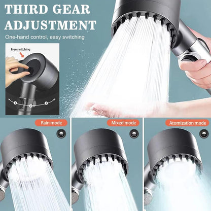 A graphic showing the shower head's three modes: Rain, Mixed, and Atomization, with water spraying from each.