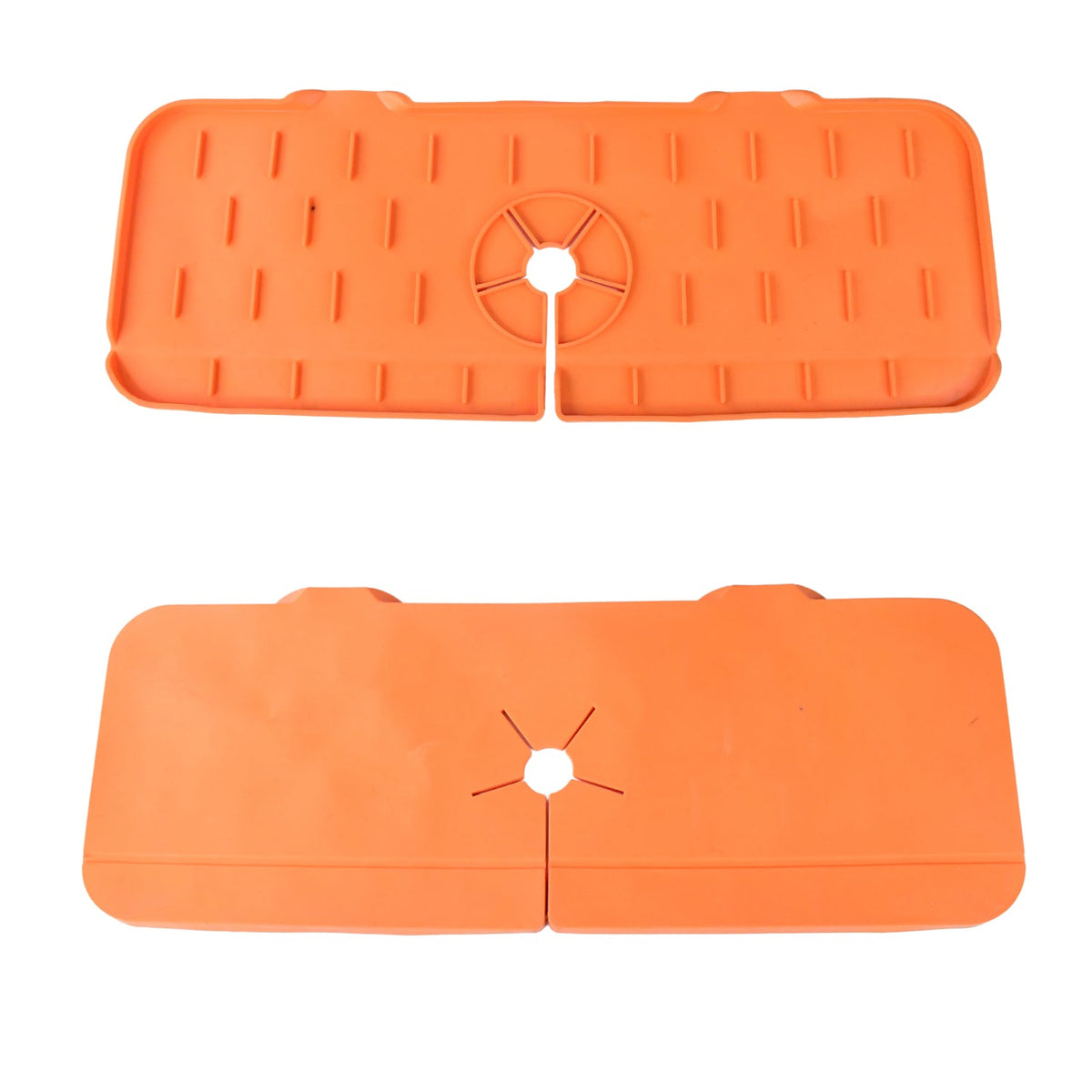 Two orange silicone faucet splash guards, one with a textured surface and one smooth, on a white background.