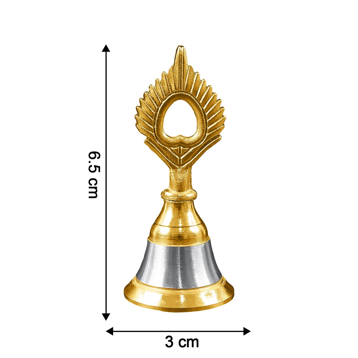 A small brass and steel pooja bell with a peacock feather design is shown with dimensions of 6.5 cm height and 3 cm width.