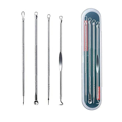 Four stainless steel blackhead remover tools are neatly arranged next to their clear plastic storage case.