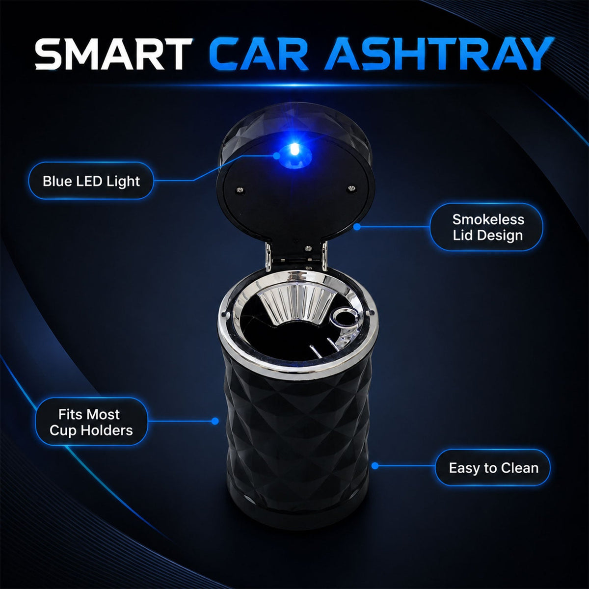 A black car cup holder ashtray with labels pointing to its blue LED light, smokeless lid design, and ease of cleaning.