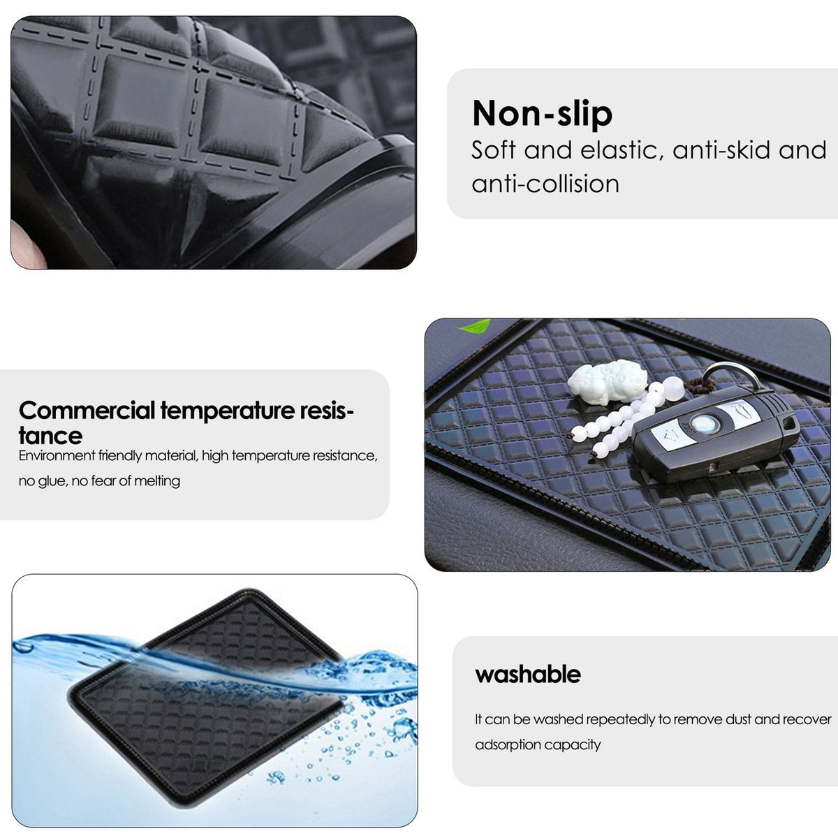 A collage of images and text highlighting the mat's non-slip, temperature-resistant, and washable features.