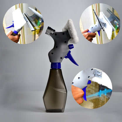 A gray and blue spray bottle with a white microfiber pad, surrounded by three circular insets showing it in use.