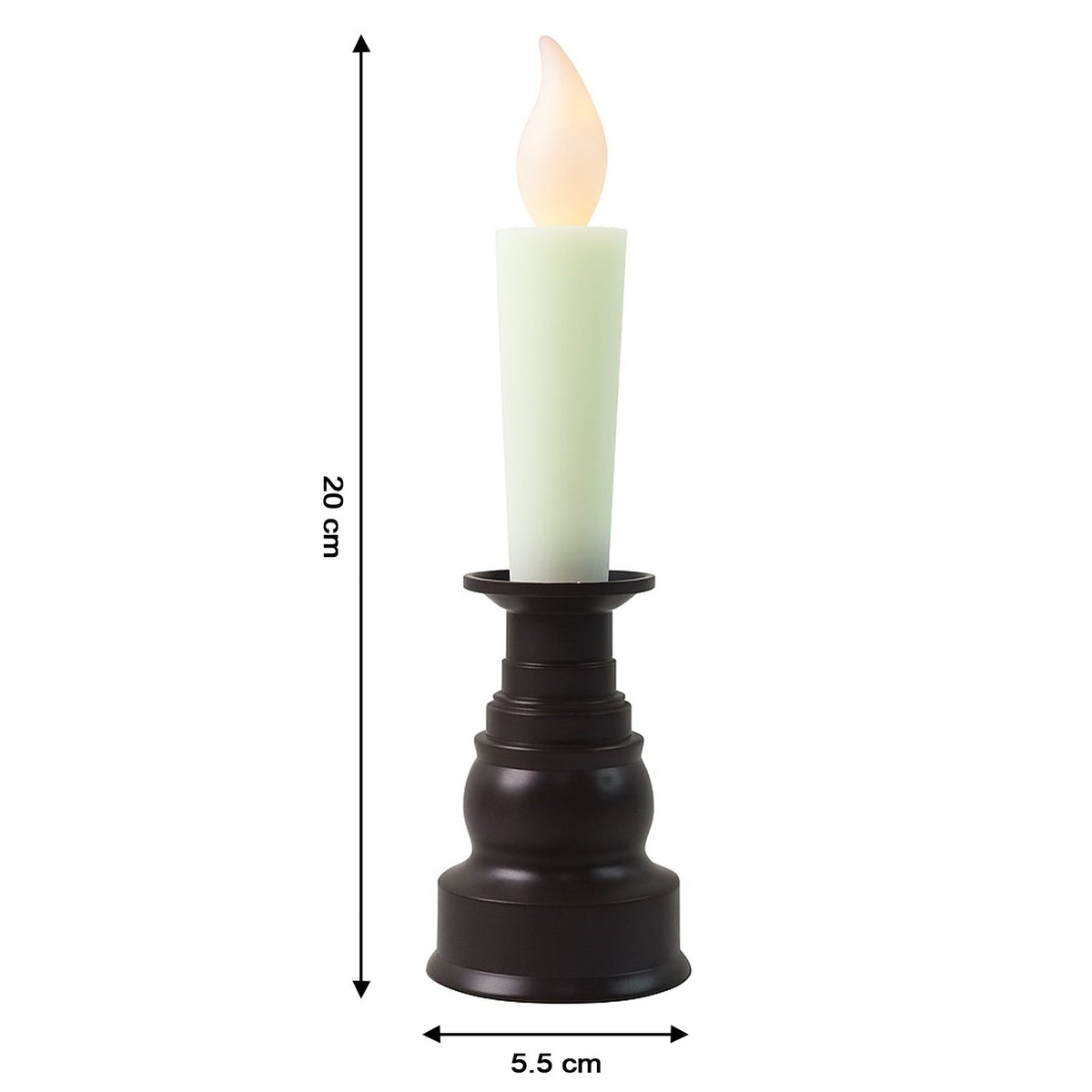 A cream LED candle with a flickering flame in a dark bronze holder, with dimensions of 20cm and 5.5cm.