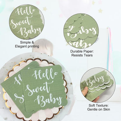 Close-up views of mint green scalloped napkins, highlighting the text, durable paper, and soft texture.