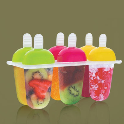 A 6-piece ice candy mold with colorful fruit popsicles is displayed against a solid olive green background.