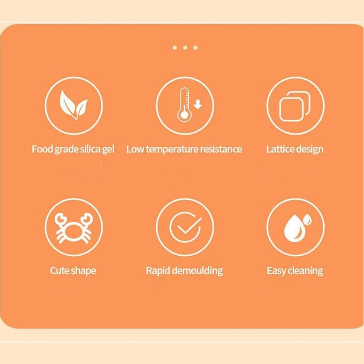 A diagram illustrating six key features of the ice mold, including material, temperature resistance, and design.