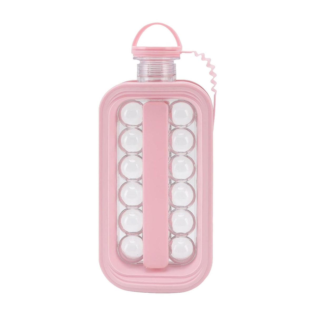 A pink ice cube bottle with a clear central section filled with ice spheres, featuring a handle and a spiral tethered cap.