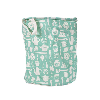 Mint green fabric laundry hamper with white kitchen utensil pattern on a plain white background.