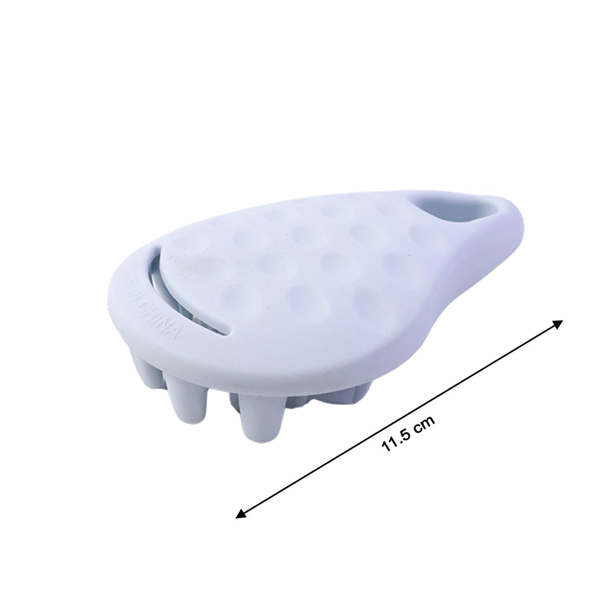 A light blue silicone scalp massager with a textured top and nubs, showing a measurement of 11.5 cm.