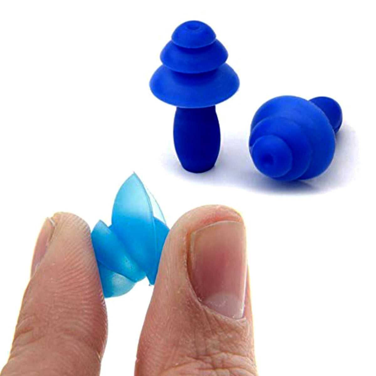 A hand holds a light blue earplug, with two blue silicone earplugs visible in the background.