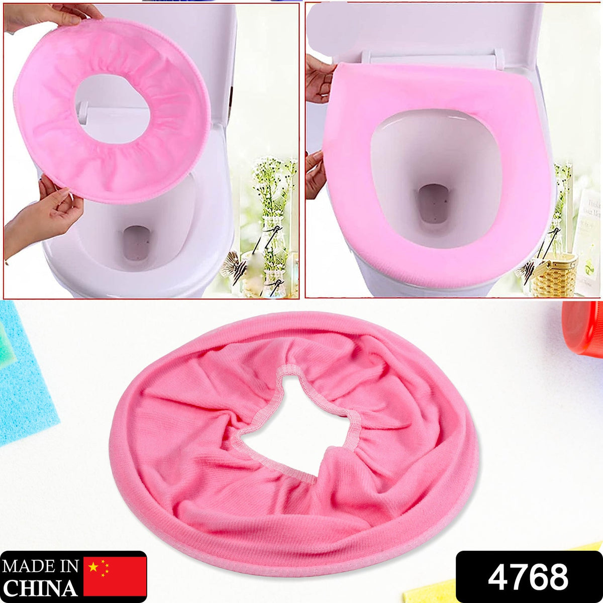 Two-panel image showing a pink soft fabric toilet seat cover being placed on a toilet and then fully installed.