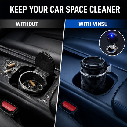 A split image showing a messy car cup holder on the left and a clean one with the ashtray on the right.
