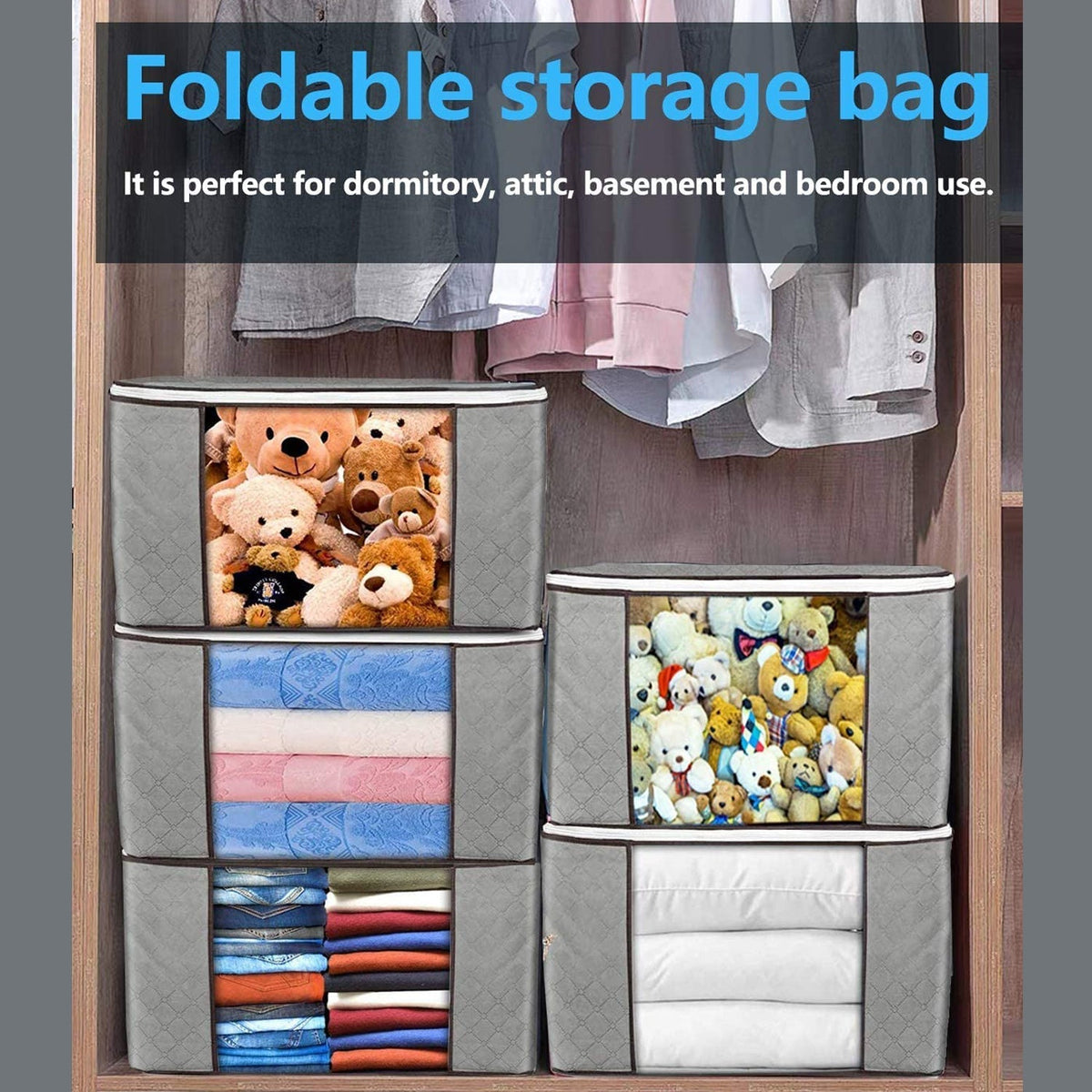 Multiple grey quilted fabric storage bags filled with various items like stuffed animals and clothes, neatly arranged in a