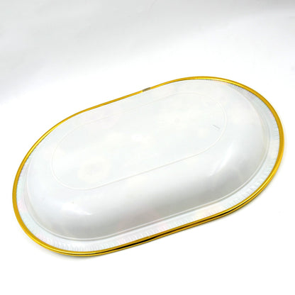 The underside of the oval serving tray is white with a gold rim, shown on a white background.