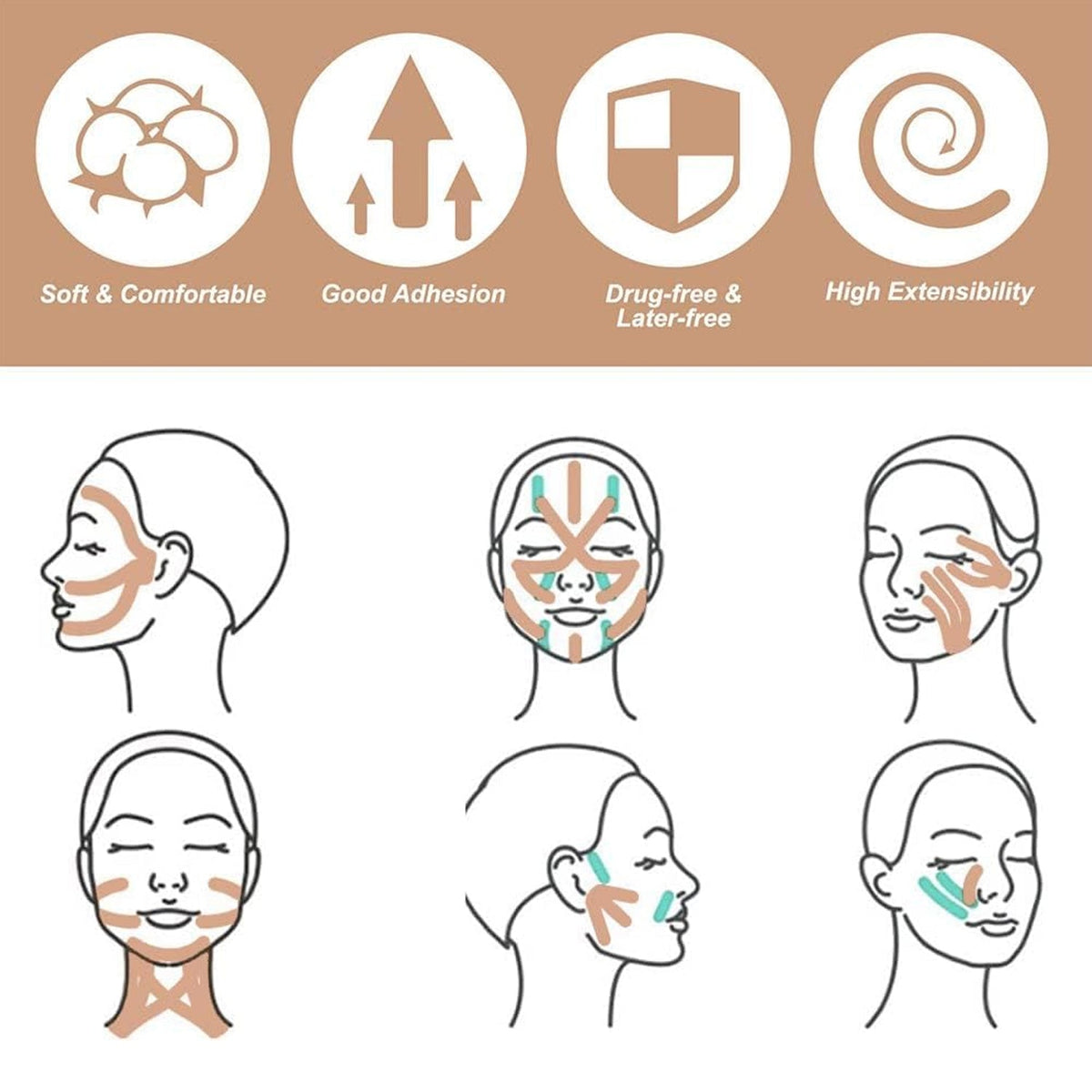 Six line drawings illustrate different facial areas where the lifting tape can be applied for various effects.